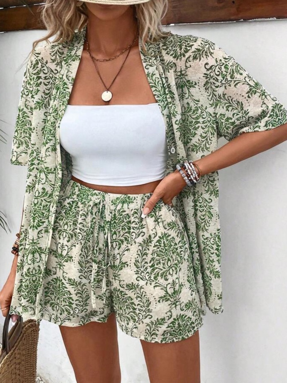 SHEIN Cream & Green Floral Two-Piece Lounge Set